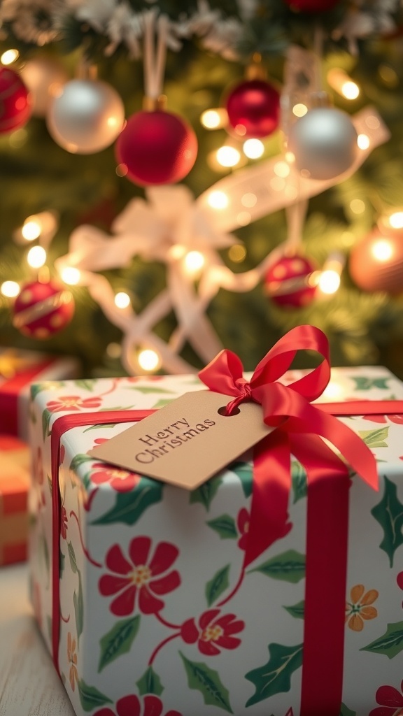 A wrapped Christmas gift with red ribbon under a decorated tree.